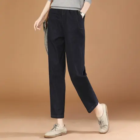 韩潮袭人松紧腰休闲牛仔长裤女2023秋季新款百搭显瘦阔腿直筒裤商品大图