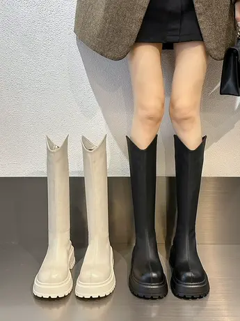 ins潮小个子长筒靴女2023年新款秋冬骑士靴V口胖mm粗腿显瘦长靴子图片