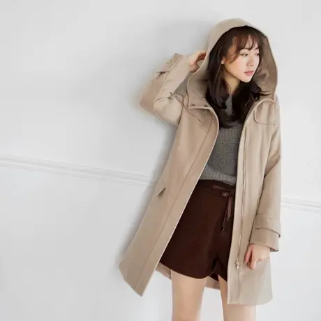 桔熊秋冬季休闲连帽毛呢大衣女胖妹妹保暖拉链呢子外套大码EA2097图片