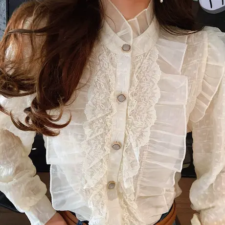 粉红大布娃娃春季蕾丝木耳边衬衫百搭甜美宽松内搭上衣2022新款商品大图