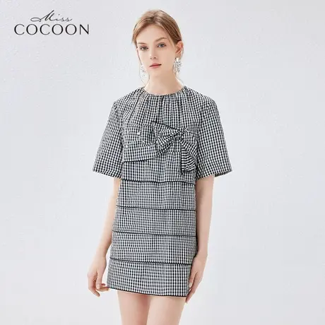 missCOCOON千鸟格连衣裙女2023夏季新款设计感小众蝴蝶结法式裙子图片