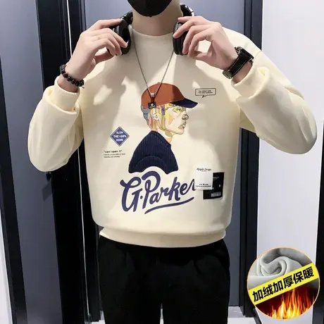 美式潮牌卡通刺绣印花加绒卫衣男秋冬新款个性内搭加厚上衣t恤衫图片