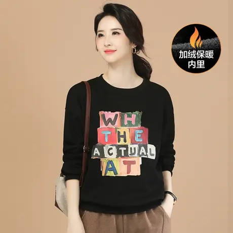 韩潮袭人美式圆领印花黑色加绒卫衣女2023冬新款休闲宽松上衣图片