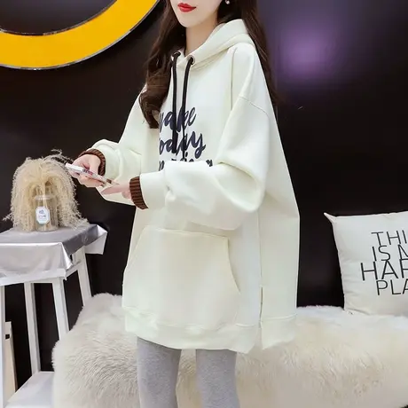 减20】韩版宽松中长款加绒连帽卫衣女2023冬季新款时尚百搭上衣图片