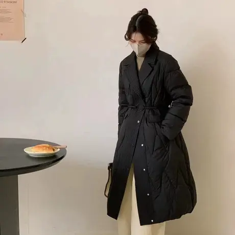 韩版新国标白鸭绒气质中长款羽绒服女冬季收腰显瘦拼接西装领外套图片
