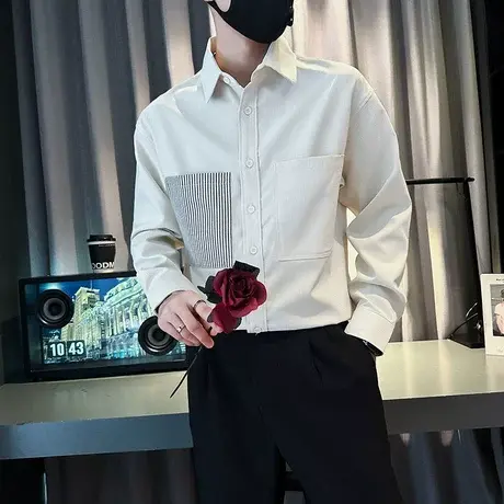 秋季长袖衬衫男潮流设计感条纹口袋衬衣男装2023新款潮牌痞帅上衣商品大图