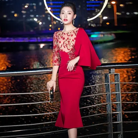 小晚礼服连衣裙2024新款轻奢小众气质红色宴会鱼尾惊艳名媛主持女商品大图