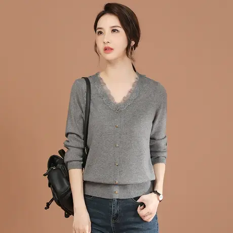 韩潮袭人复古蕾丝V领针织衫女2024春季新款休闲百搭气质T恤上衣图片