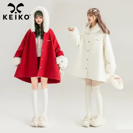 KEIKO 新年系列红色毛呢外套女2024早春斗篷型显瘦连帽呢子大衣商品大图
