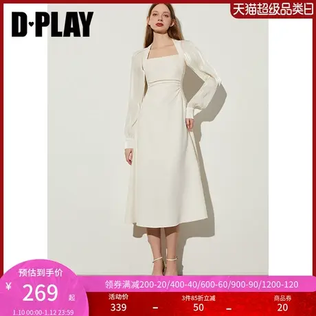DPLAY春法式风美背方领拼接鎏光纱泡泡腰部圆弧分割抽褶连衣裙商品大图