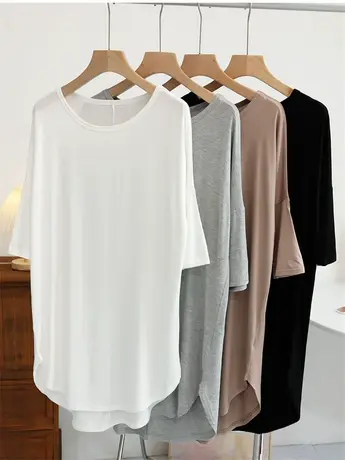 柔软亲肤中长款莫代尔T恤女夏季宽松显瘦慵懒遮屁股上衣睡衣裙潮商品大图