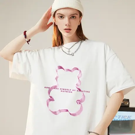 日系街头中性小熊短袖t恤男潮大码ins潮牌国潮胖子针织半袖男款夏商品大图