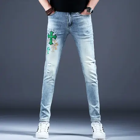 2024新款春秋高档浅色刺绣牛仔裤男款小脚裤子潮流男弹力美式高街商品大图