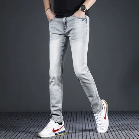 欧版潮牌牛仔裤男2024新款夏季修身小脚浅色弹力休闲男士裤子青年商品大图