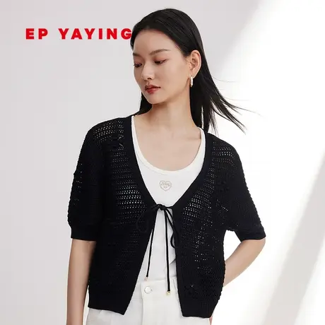 EP YAYING雅莹女装 长绒棉V领提花针织开衫 2024早春新品9170A商品大图