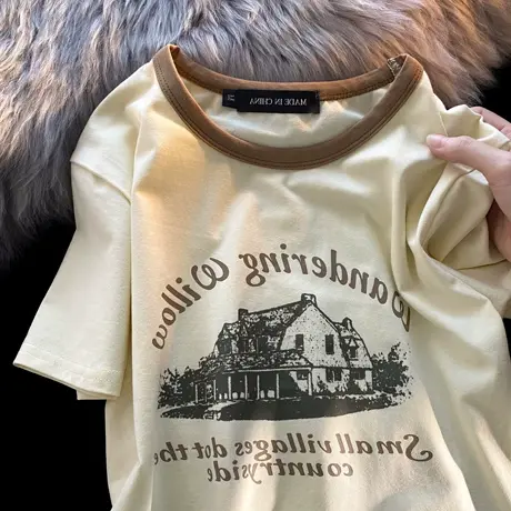 正肩短袖t恤女夏季复古美式设计感小众短款纯欲辣妹风上衣ins潮商品大图