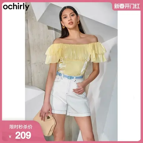 ochirly欧时力 短袖衬衫女新款夏装荷叶袖柯根纱法式甜美复古图片