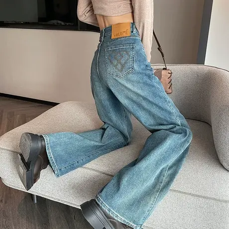 复古窄版阔腿牛仔裤女春秋2024新款高腰宽松显瘦百搭直筒拖地长裤商品大图