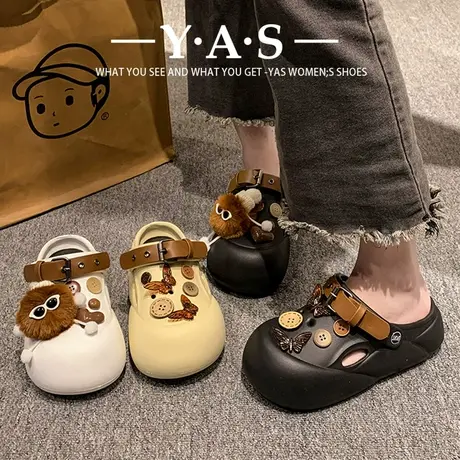 洞洞鞋女款2024新款夏天外穿皮带蝴蝶装饰踩屎感厚底包头沙滩鞋女图片