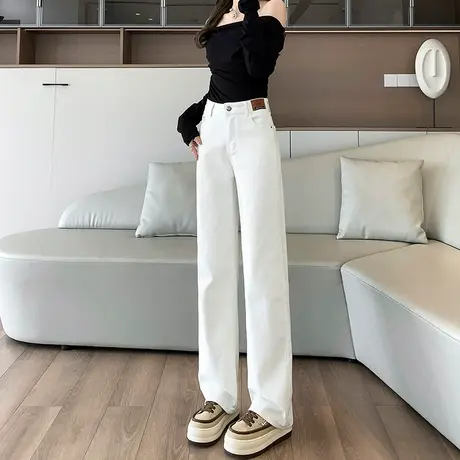 米白色窄版阔腿牛仔裤女高腰垂感春秋季2024年新款韩版显瘦直筒裤商品大图