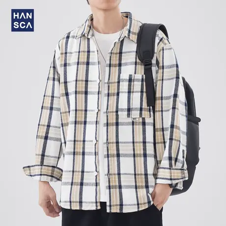 hansca格子衬衫男士长袖休闲春季新款日系纯棉上衣宽松潮牌衬衣男商品大图