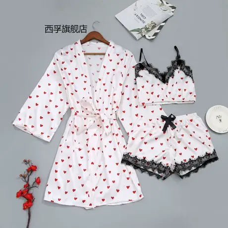 2023新款性感睡衣弹力色丁爱心印花三件套家居服欧美大码图片