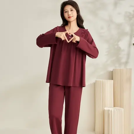 芬腾女长袖春秋季纯棉套头睡衣红色喜庆本命年结婚全棉家居服套装商品大图