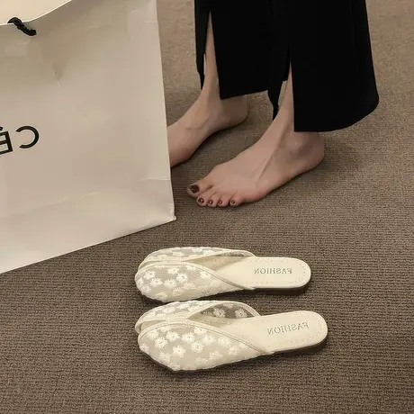 包头凉拖鞋女夏外穿配裙子蕾丝软底防滑凉拖小香风半拖鞋穆勒拖女图片