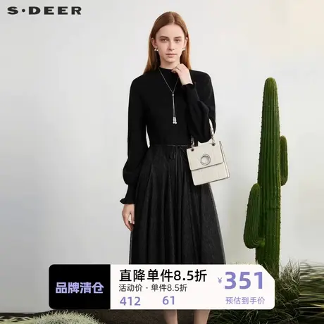 sdeer圣迪奥女装圆领收腰网纱拼接泡泡袖连衣裙S231Z1226图片
