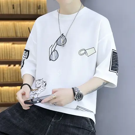 港版短袖冰感t恤男夏季2023新款宽松七分袖体恤潮牌薄款半袖上衣商品大图