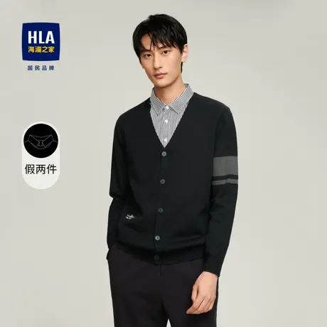 HLA/海澜之家竖条纹长袖针织衫假两件衬衫领开衫外套男商品大图