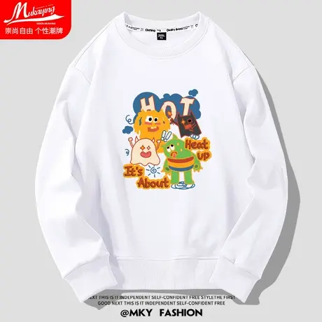 日系卡通动漫涂鸦趣味印花卫衣男圆领白色秋季初中生休闲情侣装潮图片