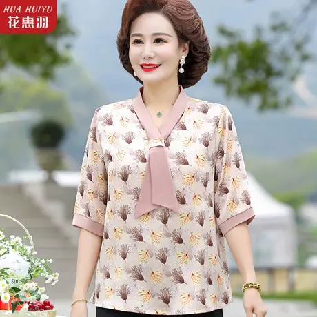 妈妈夏装系带短袖洋气小衫新款中老年母亲节衣服中年女装t恤上衣商品大图