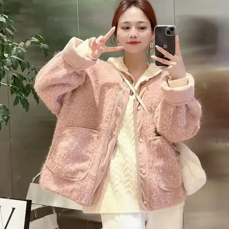 2022秋冬新款小香风时尚in百搭加厚保暖毛衣开衫休闲宽松显瘦外套图片