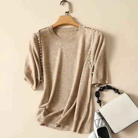 羊毛低圆领毛衣女春装2023年新款五分袖针织上衣宽松套头打底衫女图片
