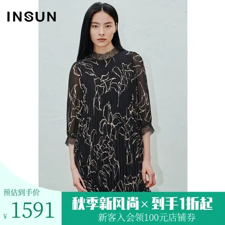 恩裳夏季新款2023夏装新款花卉压褶裙子袖口拼接蕾丝通透袖连衣裙图片