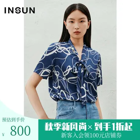 恩裳2023夏季新款艺术水波纹印花飘带设计简约桑蚕丝衬衫图片