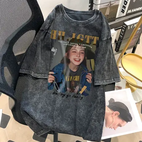 夏季新款上衣美式高街复古趣味印花短袖T恤女装宽松情侣潮做旧ins商品大图