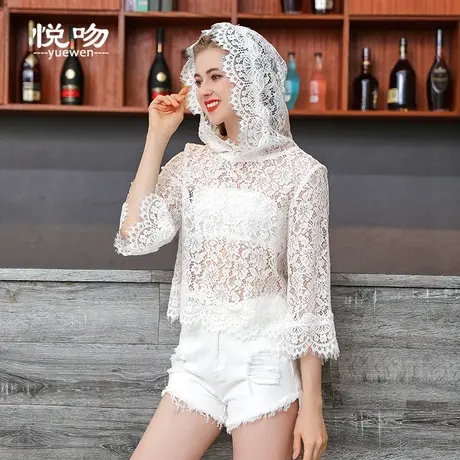 连帽防晒衣女短外套套头蕾丝小披肩夏百搭短款七分袖宽松镂空罩衫商品大图