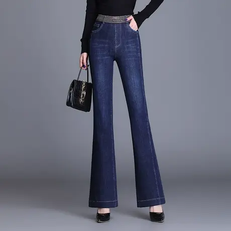 加绒牛仔喇叭裤女秋冬2023新款松紧高腰弹力长裤修身微喇裤休闲裤图片