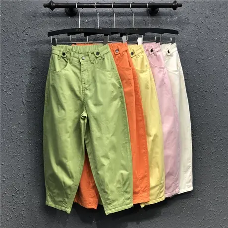 春夏新款糖果色休闲个性老爹裤女港味时尚宽松显瘦牛仔哈伦裤长裤图片