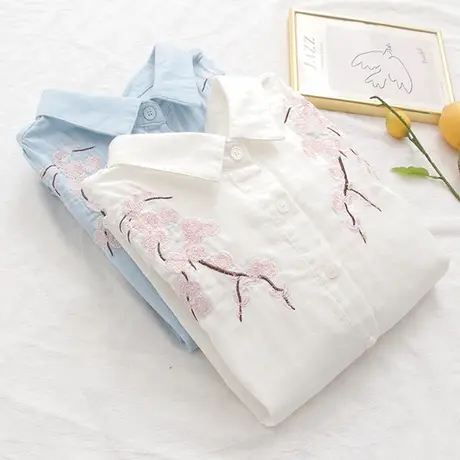 秋装日系文艺小清新碎花刺绣双层棉纱白色长袖衬衫女学生宽松上衣商品大图