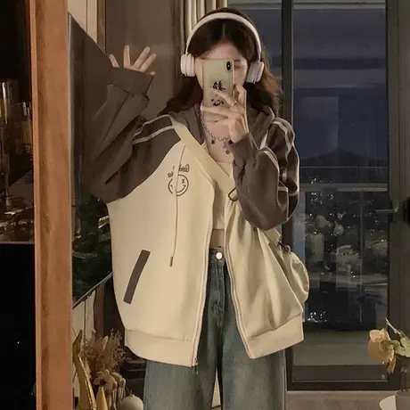 撞色插肩开衫卫衣外套女2023新款春秋美式复古小个子拉链连帽上衣商品大图