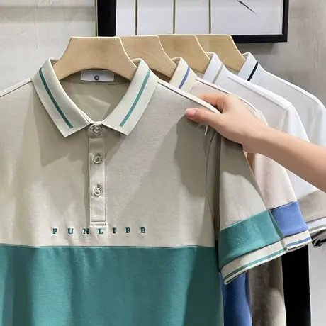丝光珠地棉拼接夏季男士撞色POLO衫商务休闲翻领保罗短袖T恤男潮商品大图