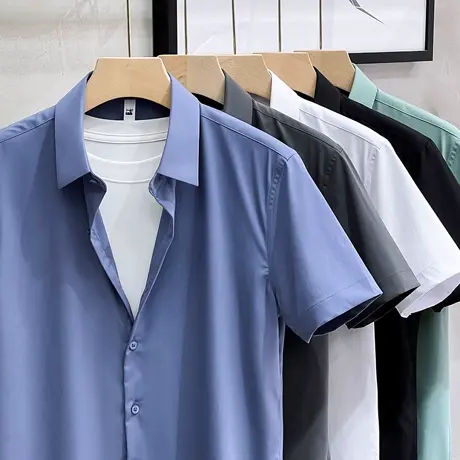 夏季冰丝短袖衬衫男2023新款潮牌商务休闲男装高级感半袖青年衬衣商品大图