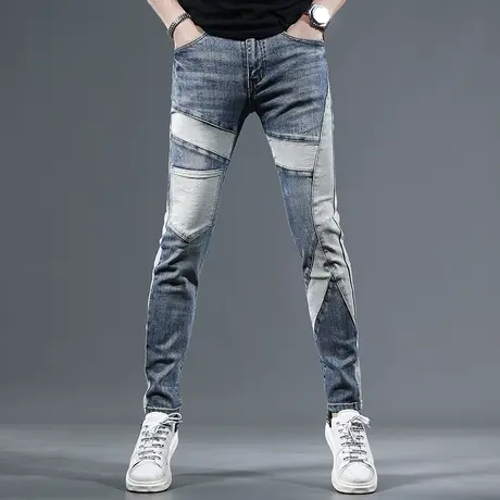 欧美拼接牛仔裤男2023夏季新款蓝色修身小脚弹力休闲男士薄款长裤商品大图