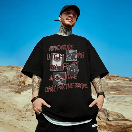 重磅美式复古短袖t恤街头大码黑色圆领纯棉胖子加肥加大半袖男潮商品大图