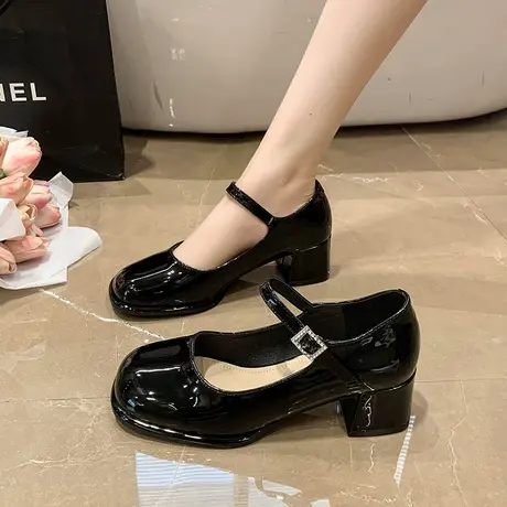 小皮鞋女2023年春夏季新款英伦风浅口复古高跟鞋晚风黑色玛丽珍鞋图片