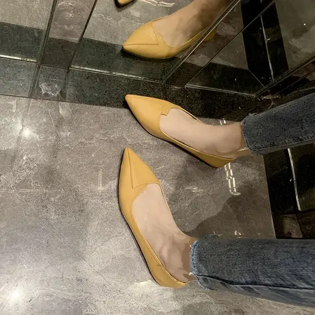 网红单鞋女2023春秋季新款尖头浅口平底豆豆鞋瓢鞋百搭软底平跟鞋商品大图