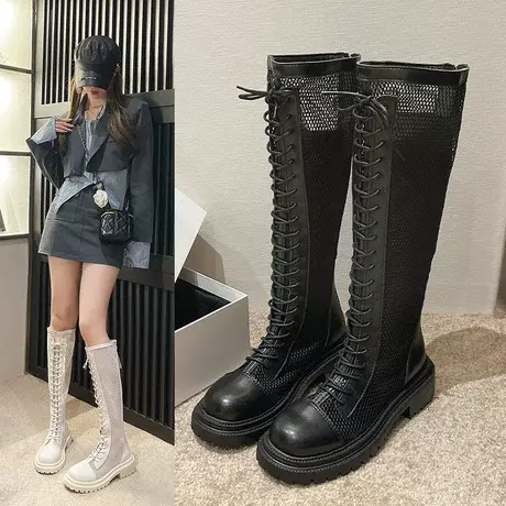 网面高跟镂空靴子夏新款长筒罗马凉靴女粗跟高筒网纱凉鞋系带网靴图片